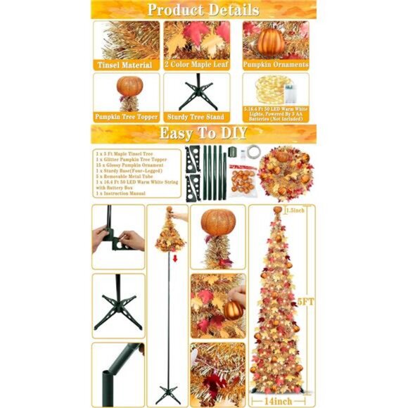 5 FT Fall Tree Fall Decor, Pop Up Tinsel Maples Tree with Timer 50 Warm White - Picture 3 of 7